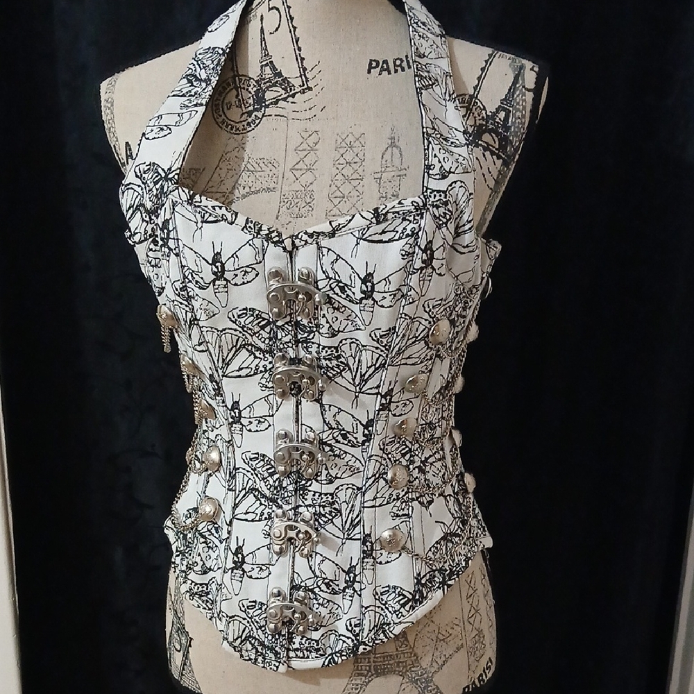 Black & White Halter Corset Top with Decorative Metal Clasps